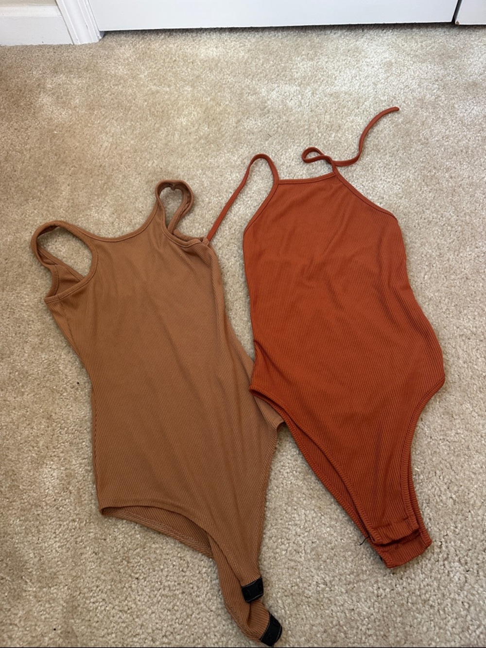 Boohoo Ribbed One-Piece Bodysuits in Rust and Tan